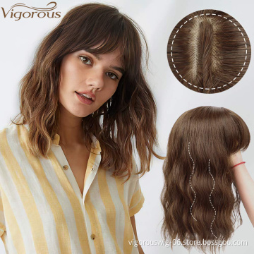 Women Clip In Extensions 4x5inch Topper Hairpiece Invisible Replacement Seamless Synthetic Hair Water Ripple Hair with Air Bangs